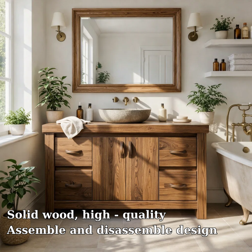 Solid Wood Bathroom Vanity Cabinet with Drawers – Rustic Oak Vanity Base Only