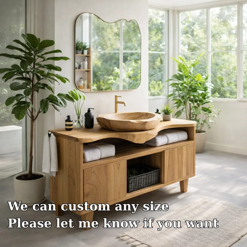 Solid Wood Bathroom Vanity Cabinet with Storage – Modern Oak Vanity Base Only