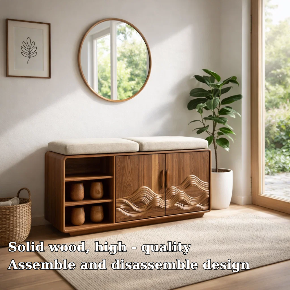 Solid Wood Shoe Bench with Cushion & Cabinet – Entryway Storage with Shelves