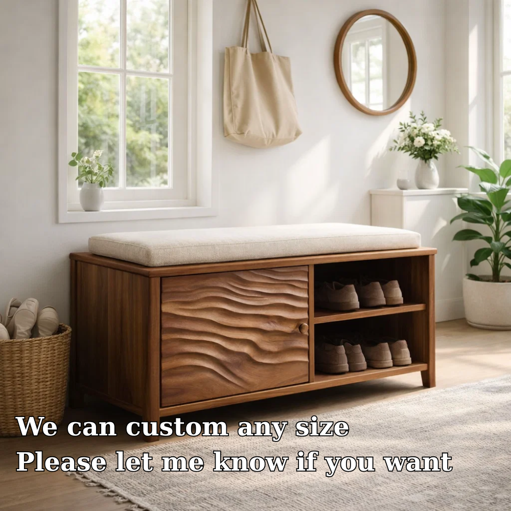 Solid Wood Shoe Bench with Cushion & Storage – Entryway Organizer with Shelf
