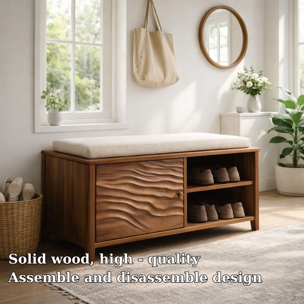 Solid Wood Shoe Bench with Cushion & Storage – Entryway Organizer with Shelf