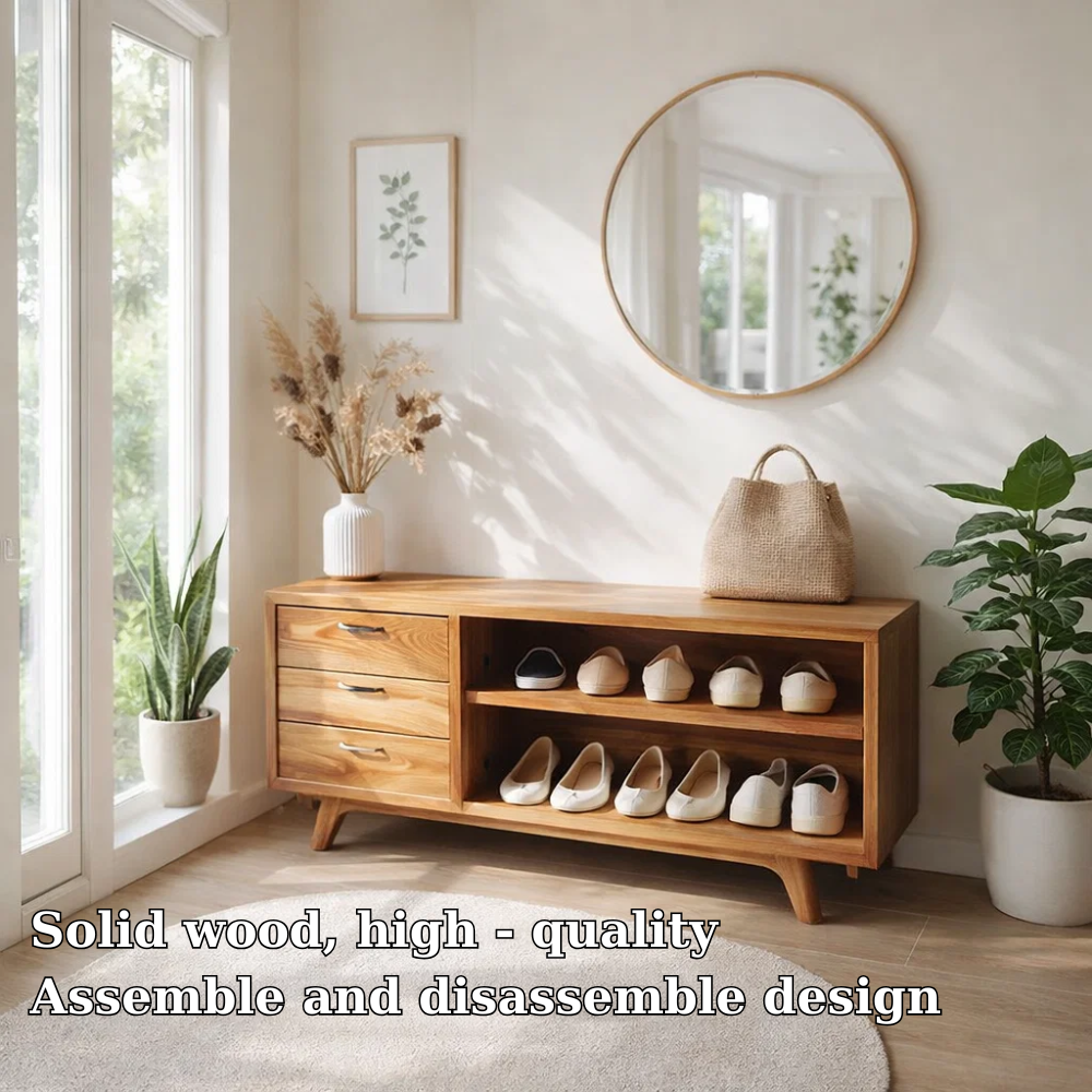 Solid Wood Shoe Bench with Drawers & Shelves – Entryway Storage Organizer
