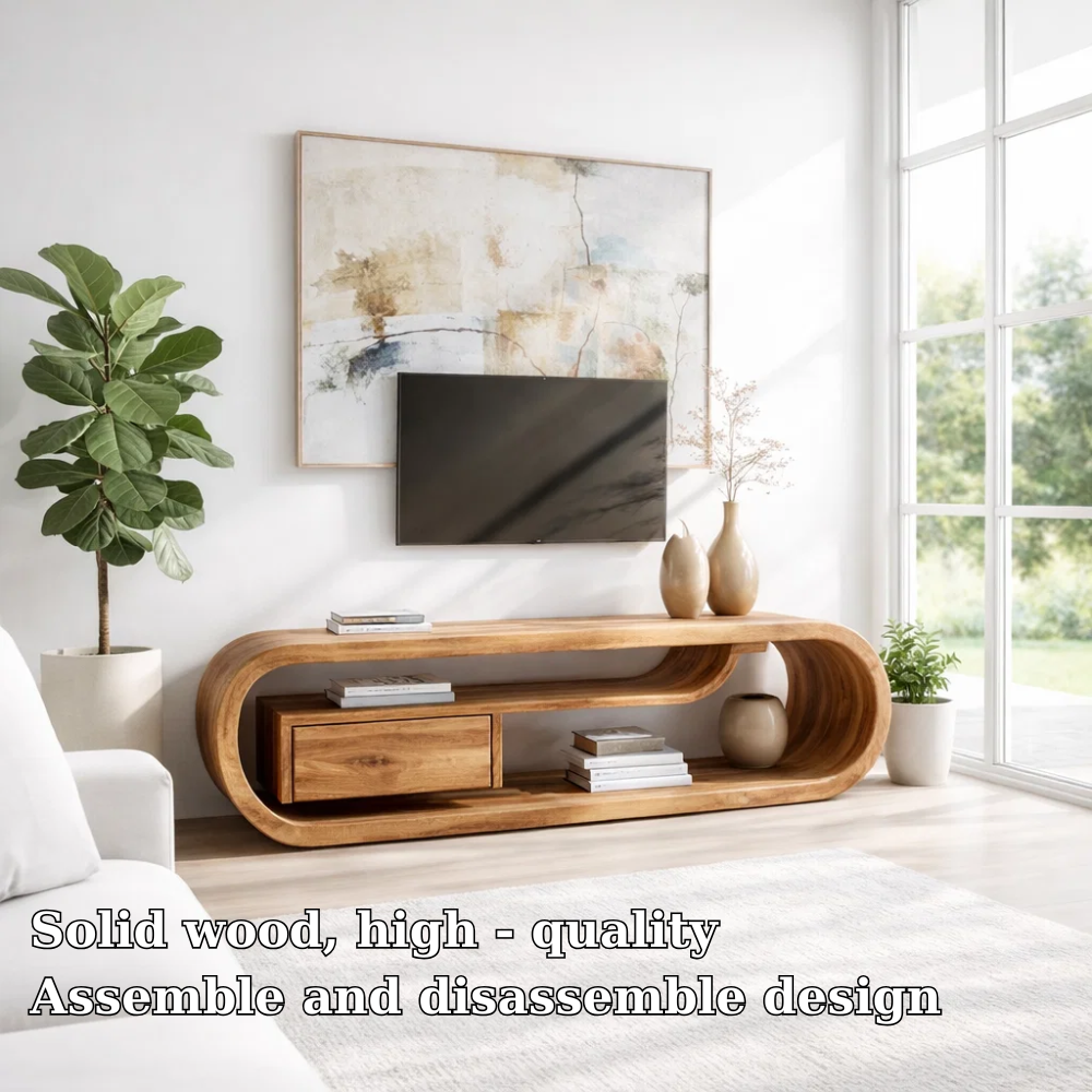 Solid Wood TV Console with Curved Design – Modern Media Stand with Drawer