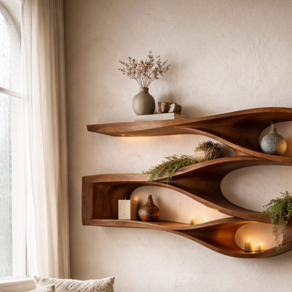 Handcrafted Solid Wood Floating Wall Shelf - Organic Curved Wave Design for Modern Home Decor