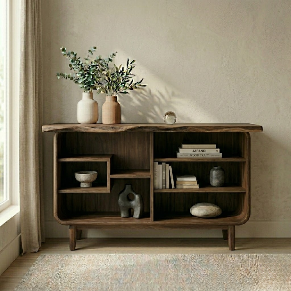 Solid Wood Console Cabinet with Open Shelves – Modern Rustic Storage Sideboard