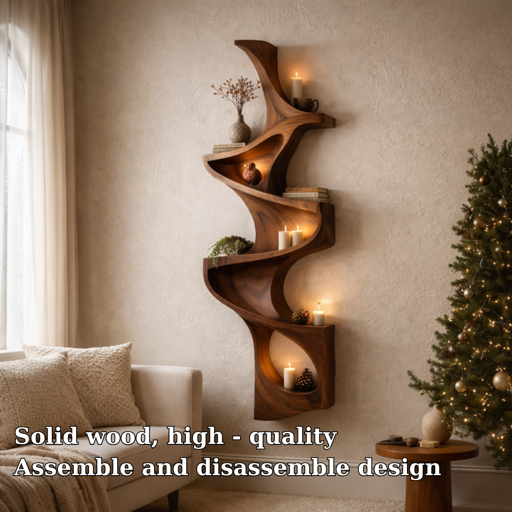 Handcrafted Solid Wood Vertical Wave Shelf - Sculptural Floating Wall Art & Bookshelf