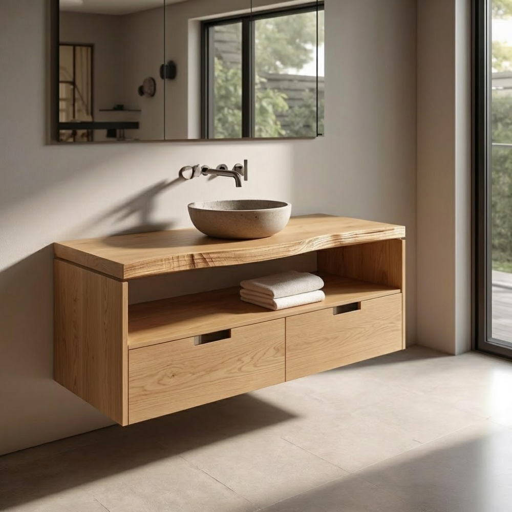 Floating Solid Wood Bathroom Vanity with Drawers – Modern Wall-Mounted Storage