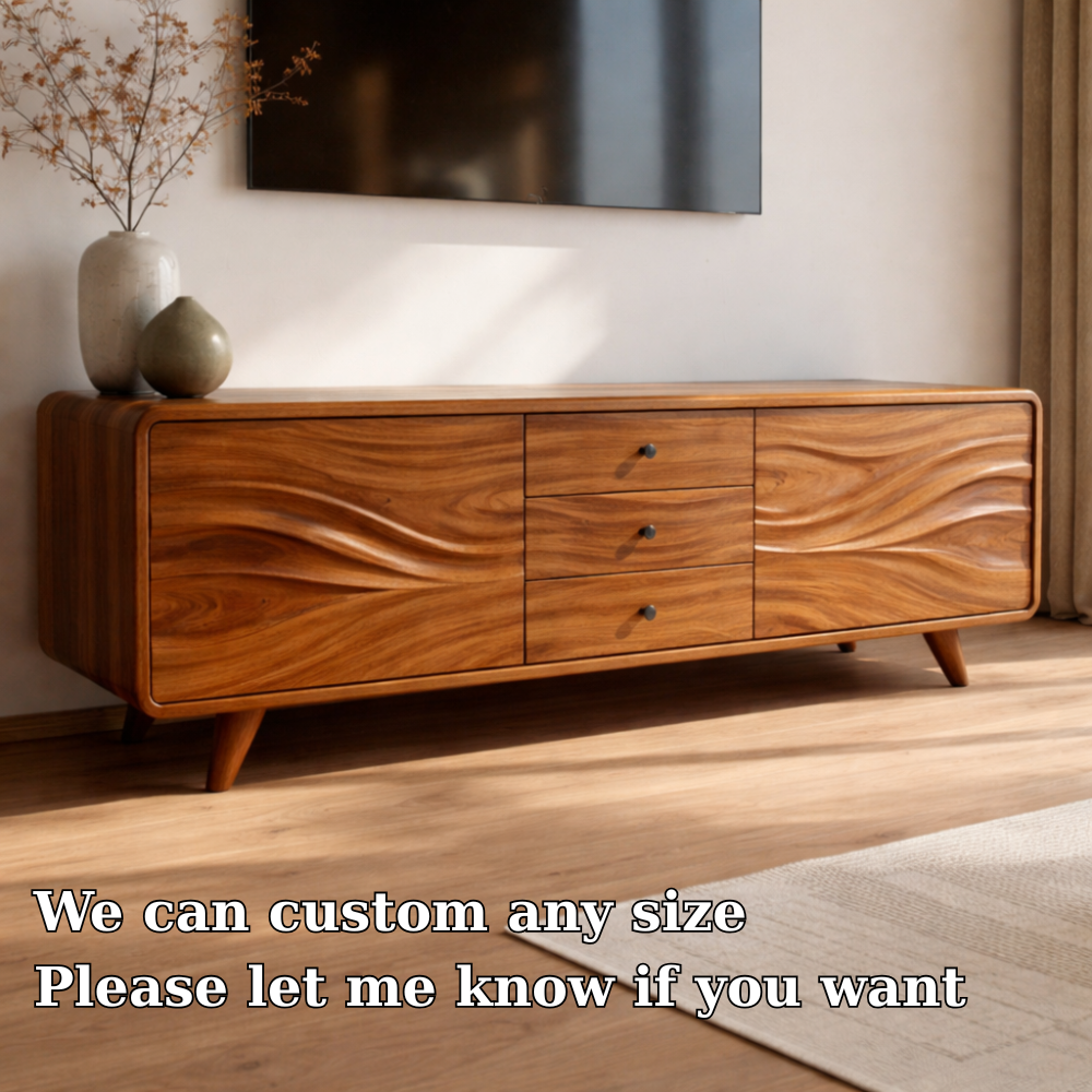 Solid Wood Wave Front TV Cabinet with Drawers – Modern Low Media Console Stand
