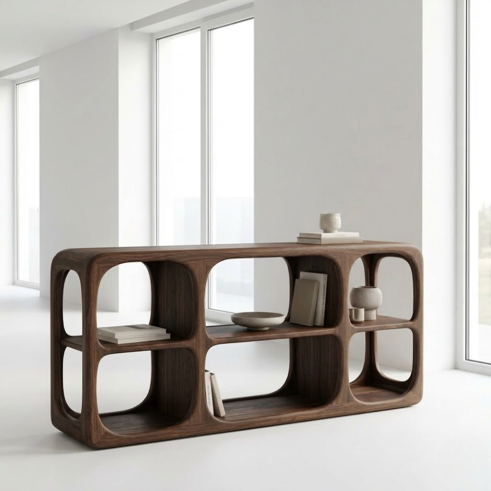 Minimalist Light Oak Console Cabinet - Sculptural Open Shelf Sideboard