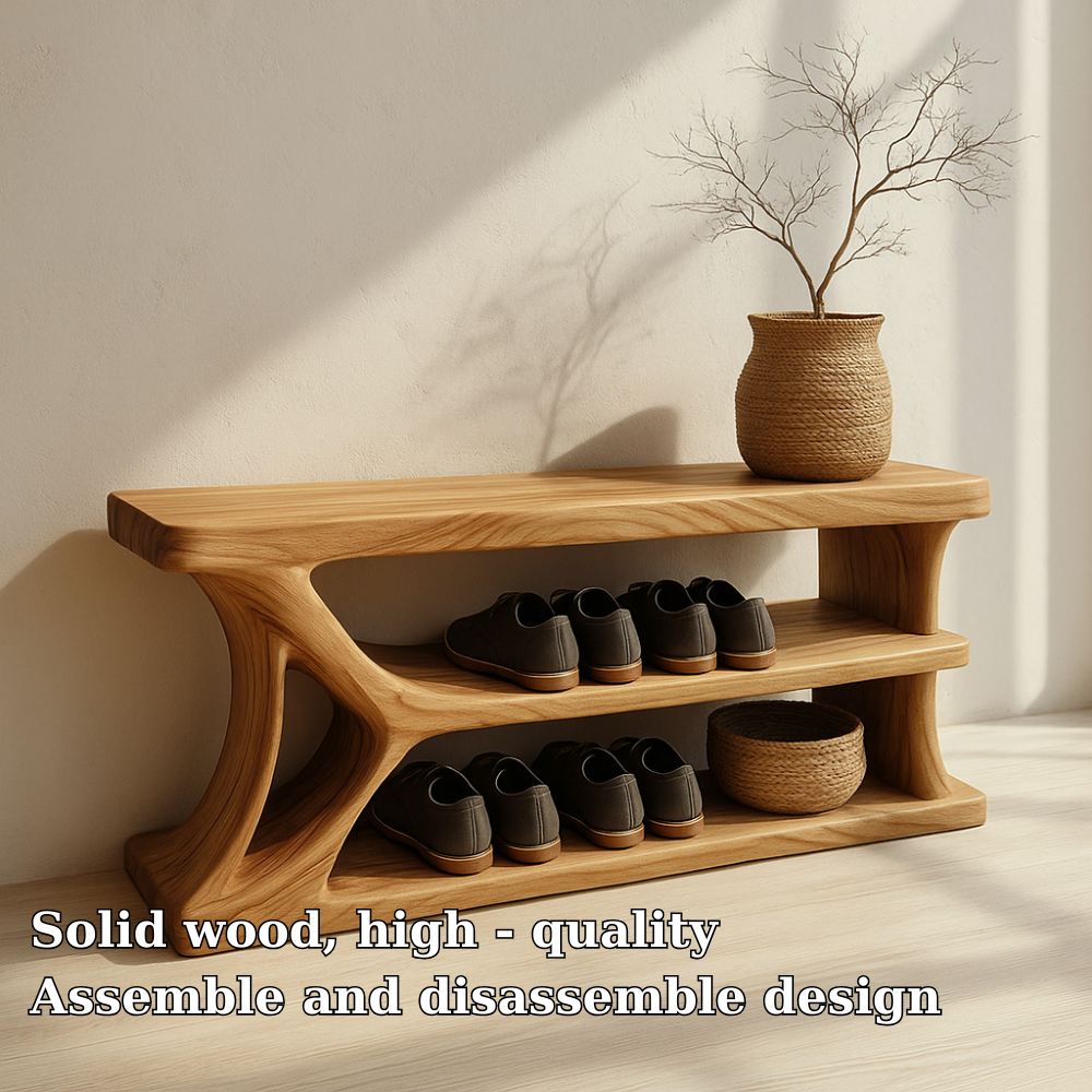 Modern Solid Wood Shoe Storage Bench – Entryway Wooden Bench with Open Shelves