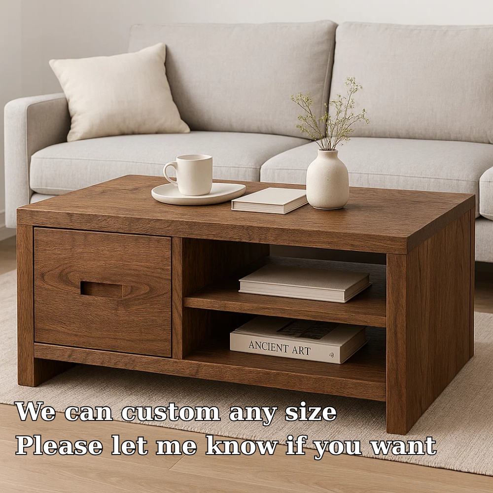 Solid Wood Coffee Table with Storage Drawer and Shelf – Modern Rustic Living Room Table
