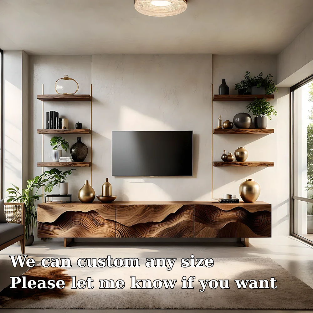 Solid Wood TV Stand Modern Walnut Media Console with Sculpted Wave Doors