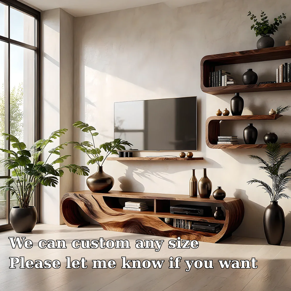 Solid Wood TV Stand Modern Sculptural Media Console for Living Room