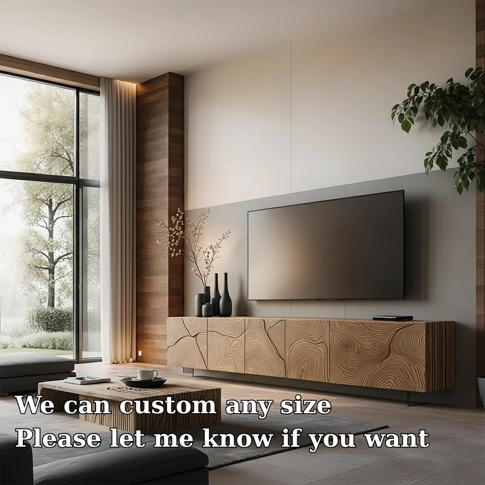 Solid Wood Floating TV Stand Modern Wall Mounted Media Console with Carved Design