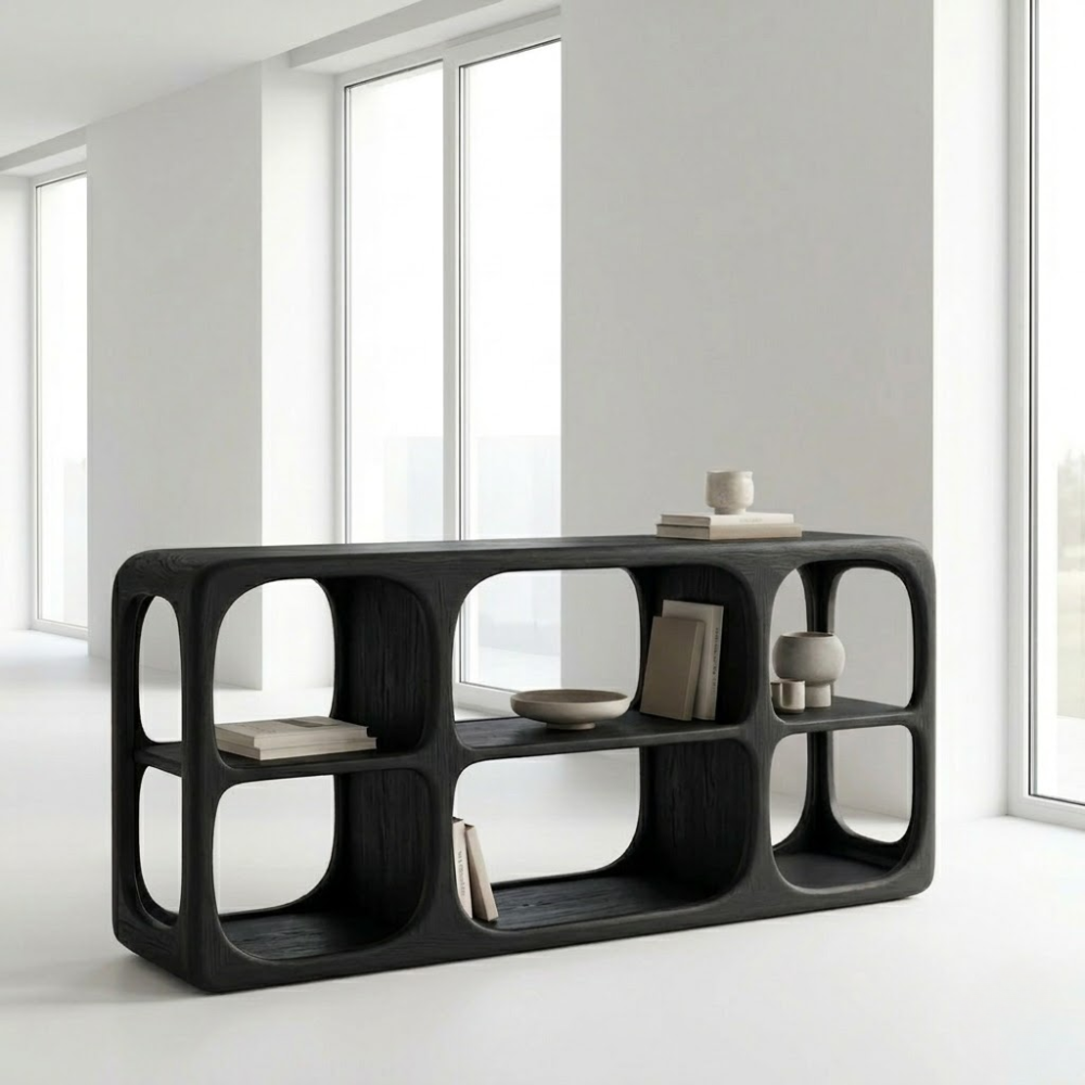 Minimalist Light Oak Console Cabinet - Sculptural Open Shelf Sideboard