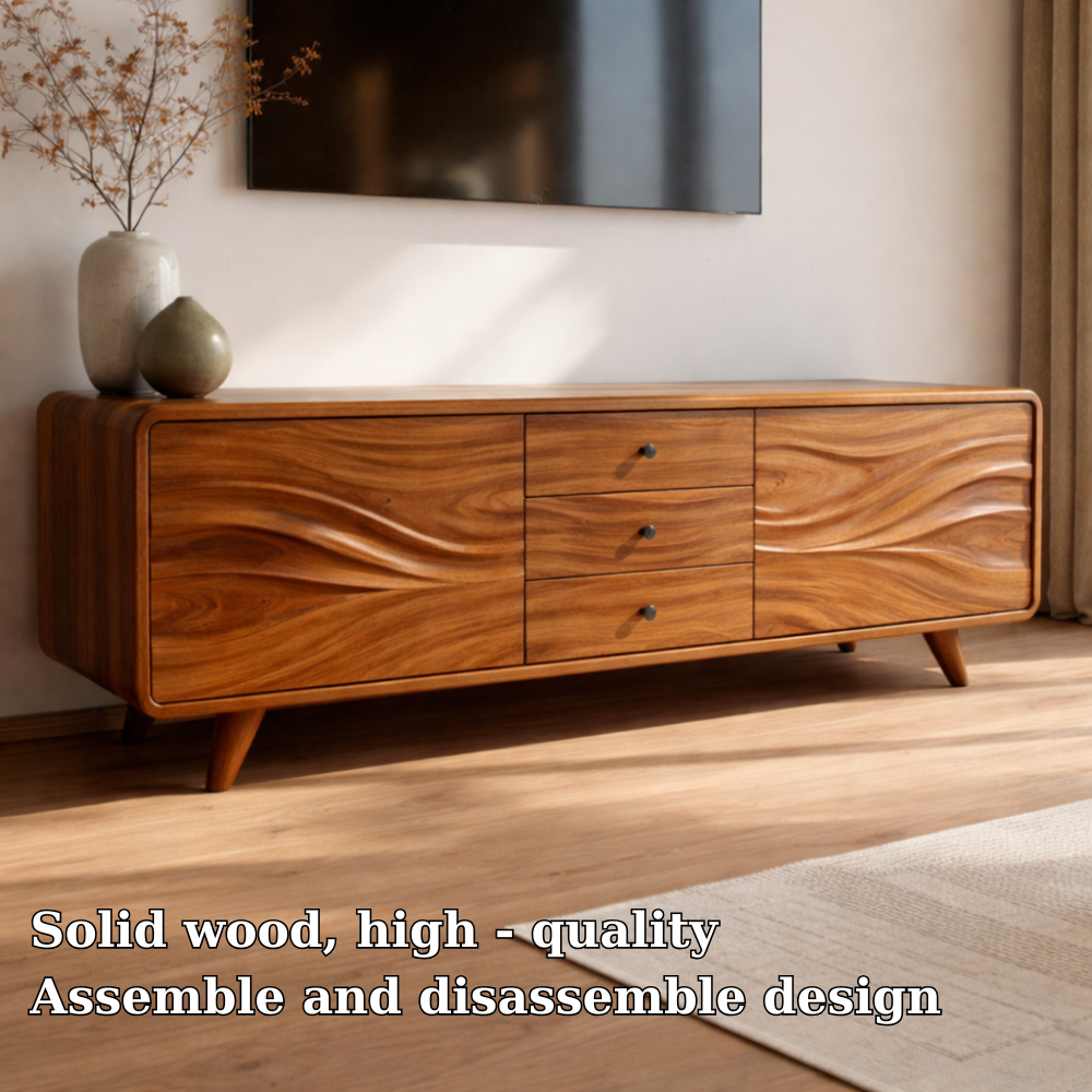 Solid Wood Wave Front TV Cabinet with Drawers – Modern Low Media Console Stand
