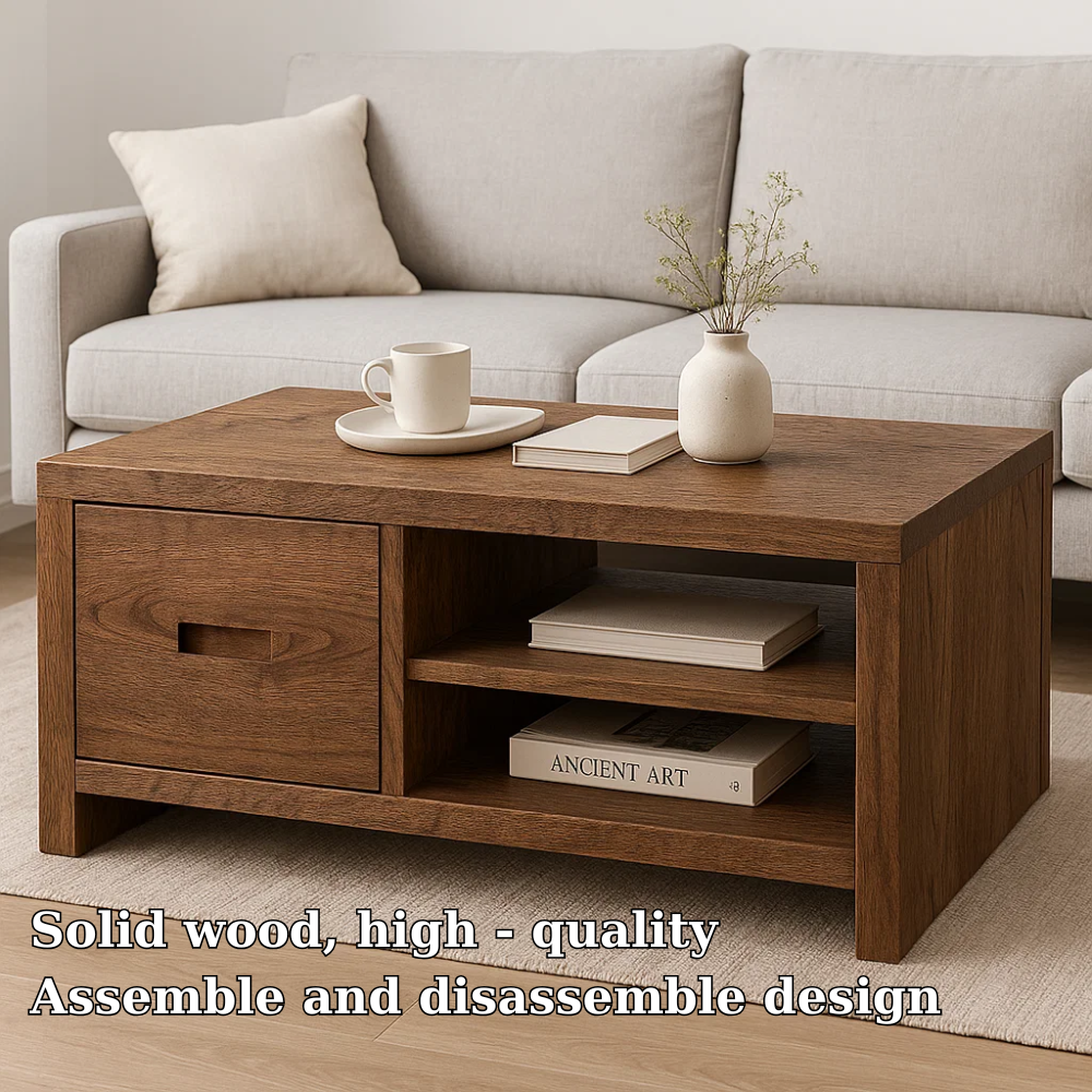 Solid Wood Coffee Table with Storage Drawer and Shelf – Modern Rustic Living Room Table
