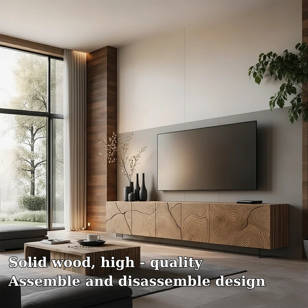 Solid Wood Floating TV Stand Modern Wall Mounted Media Console with Carved Design