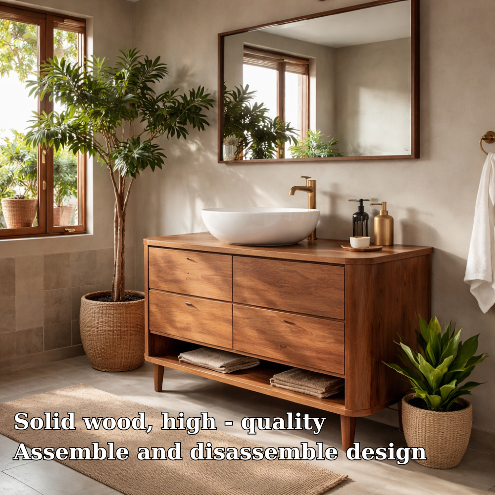 Solid Wood Bathroom Vanity with 4 Drawers and Open Shelf Storage for Modern Bathroom