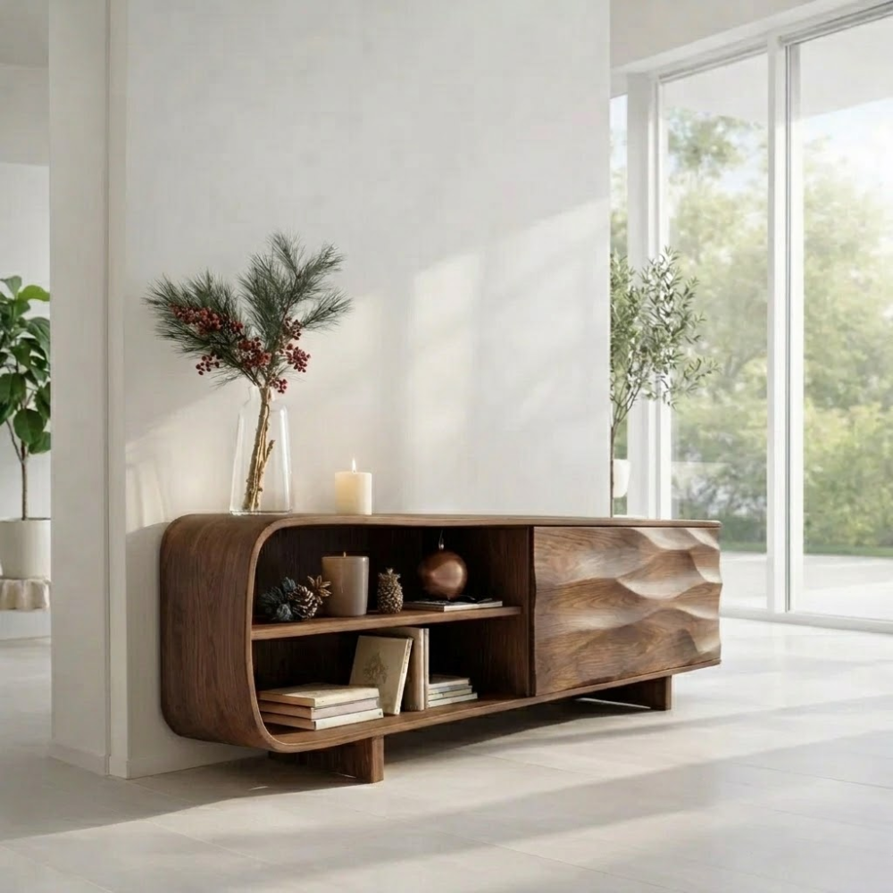 Solid Wood Sideboard Console with Wave Carved Door & Open Shelf Storage