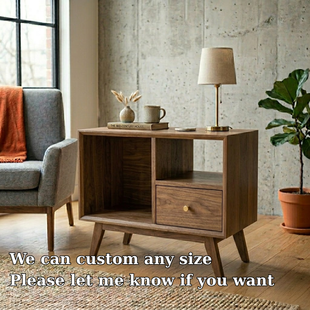 Solid Wood End Table with Open Shelves and Drawer – Mid Century Modern Side Table