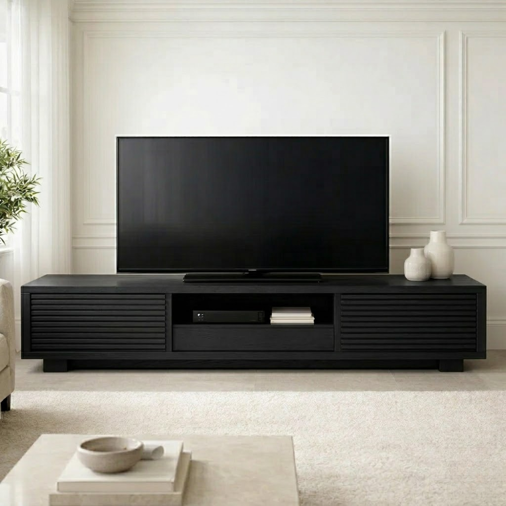 Solid Wood Media Console with Slatted Doors, Modern TV Stand with Storage