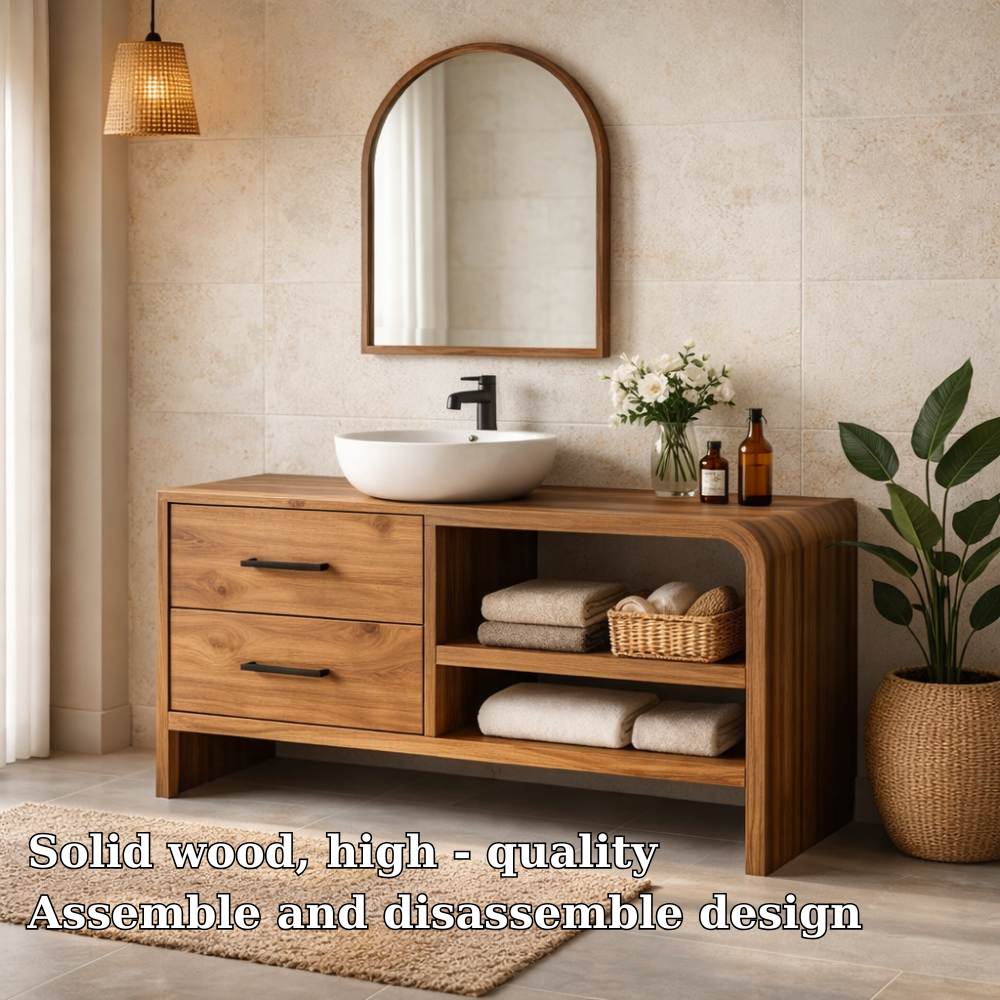 Modern Solid Wood Bathroom Vanity with Drawers and Open Shelf Storage Cabinet