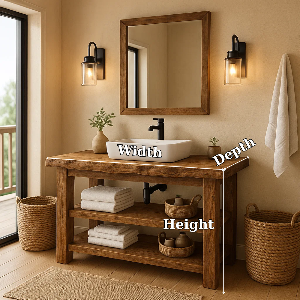 Rustic Solid Wood Bathroom Vanity with Vessel Sink and Open Storage