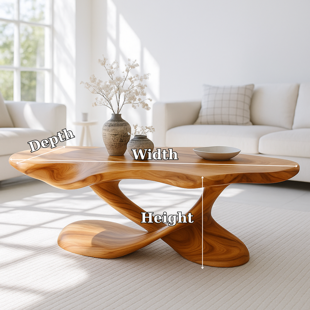 Modern Solid Wood Coffee Table with Sculptural Curved Base for Living Room