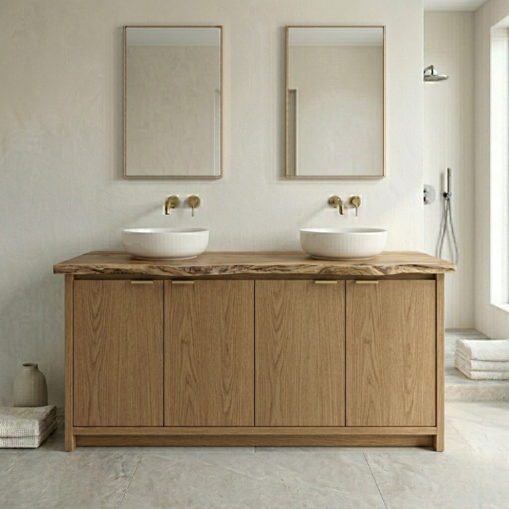 Solid Wood Bathroom Vanity Cabinet Double Sink Base Modern Natural Oak Finish