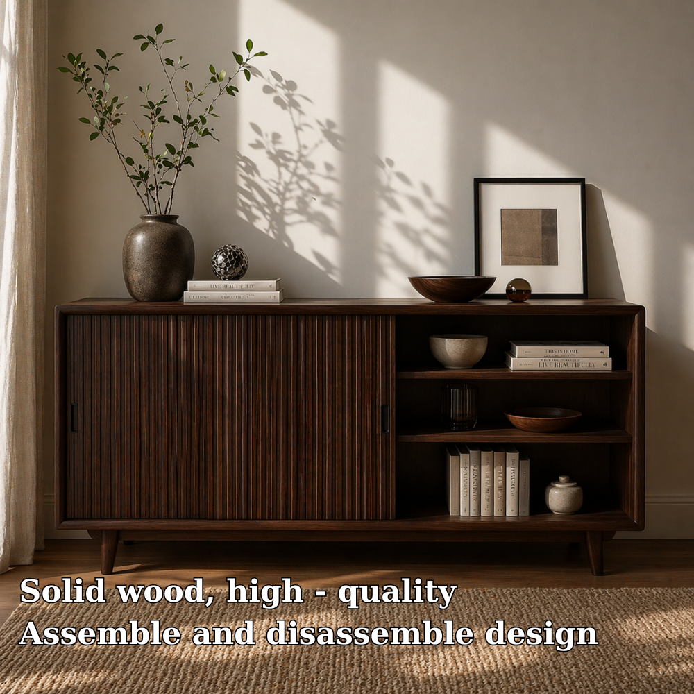 Solid Wood Sideboard Cabinet with Sliding Slatted Doors & Open Shelf Storage
