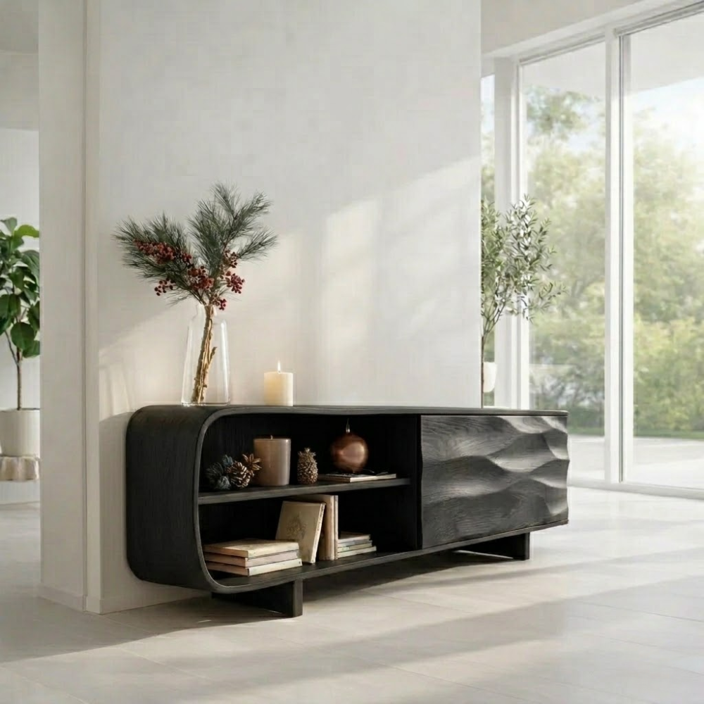 Solid Wood Sideboard Console with Wave Carved Door & Open Shelf Storage