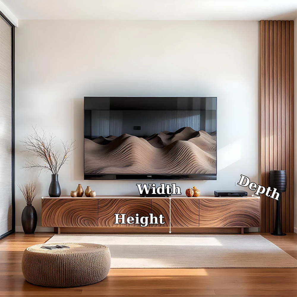 Solid Wood TV Stand Modern Walnut Media Console with Sculpted Wave Storage Cabinet