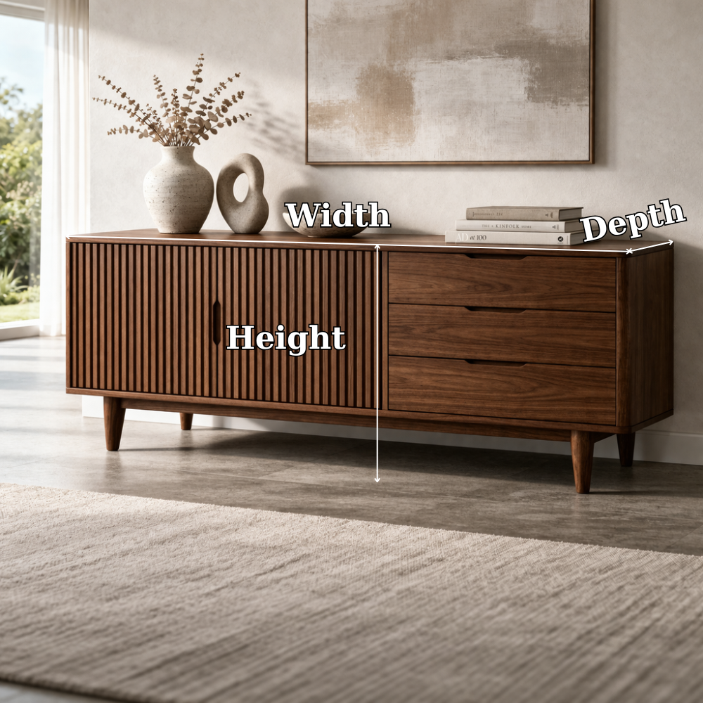 Fluted Solid Wood Console Cabinet with Drawers – Mid Century Storage Sideboard