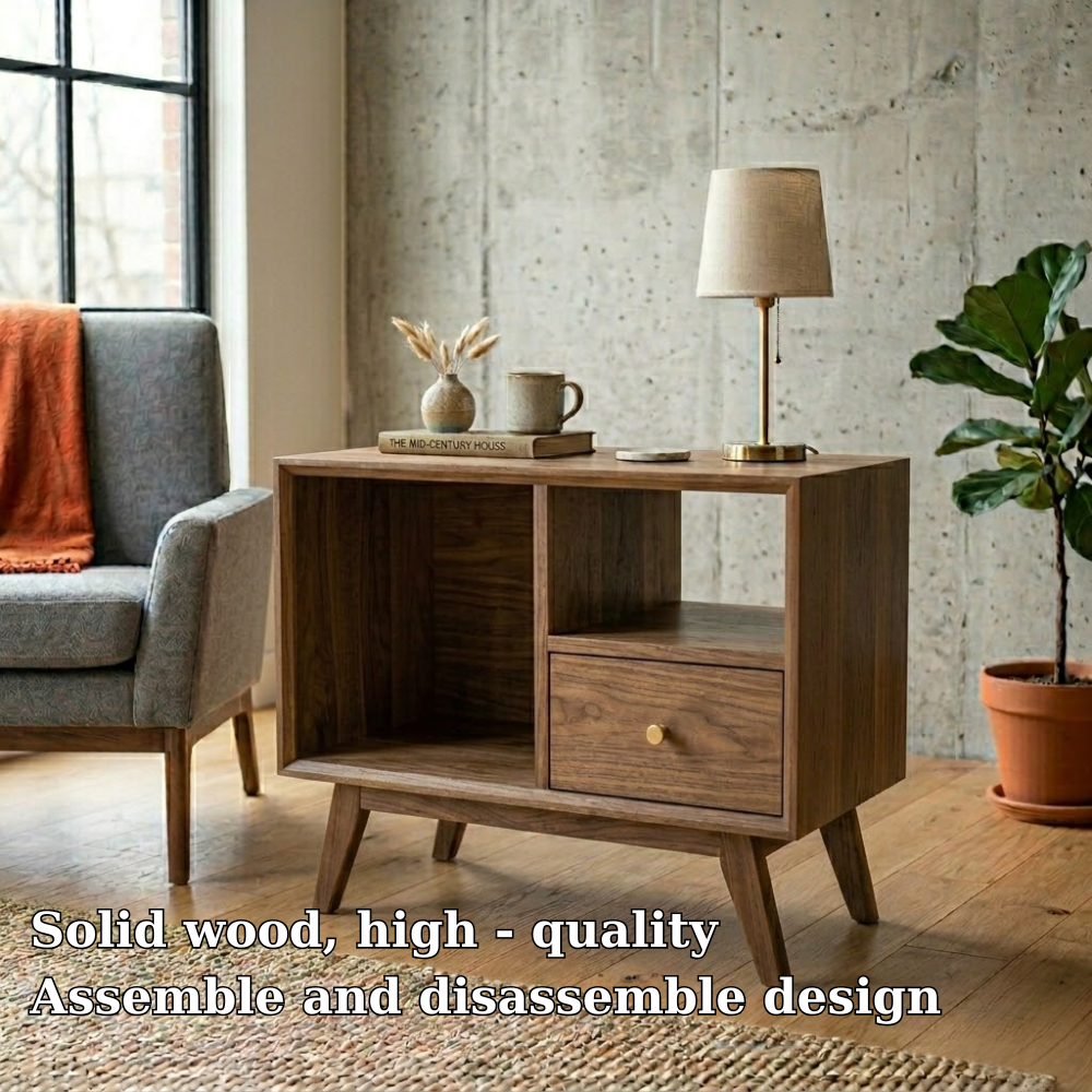 Solid Wood End Table with Open Shelves and Drawer – Mid Century Modern Side Table