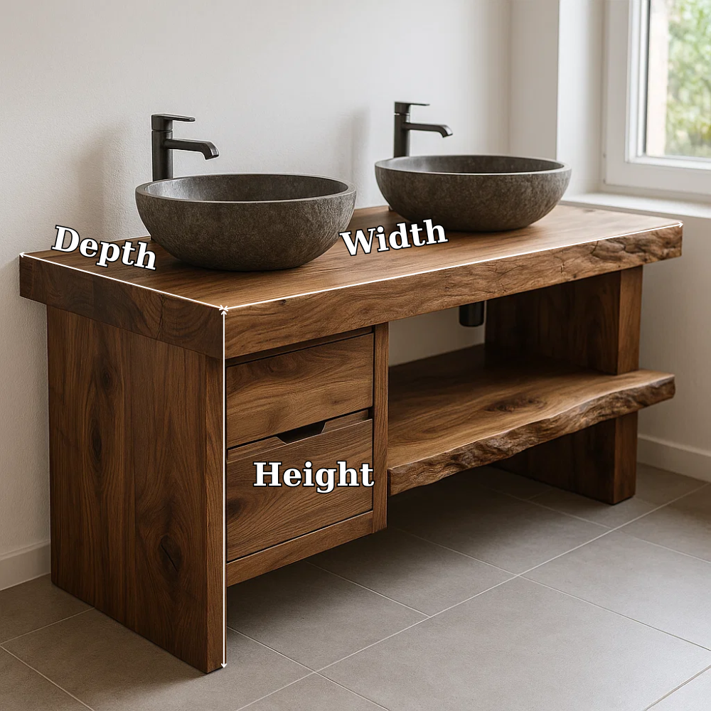 Solid Wood Double Sink Bathroom Vanity with Drawers and Open Shelf Rustic Style