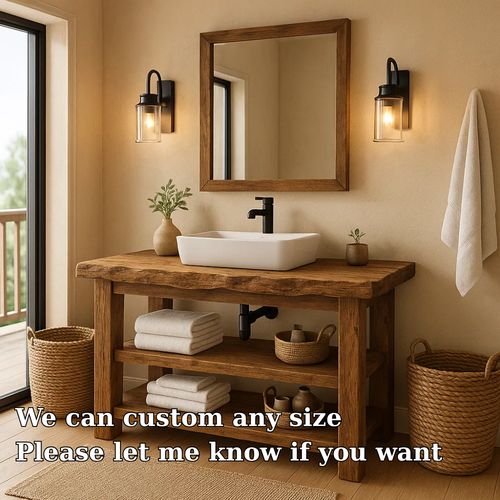 Rustic Solid Wood Bathroom Vanity with Vessel Sink and Open Storage