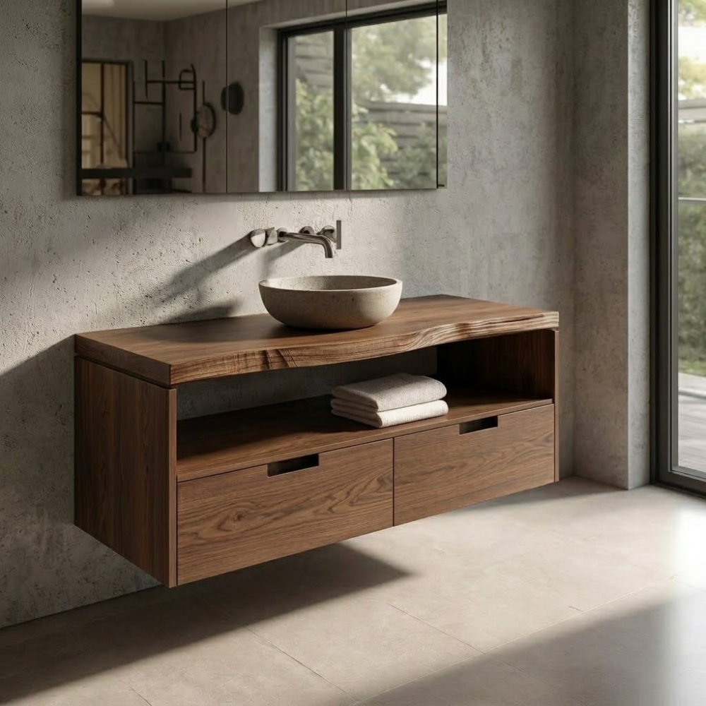 Floating Solid Wood Bathroom Vanity with Drawers – Modern Wall-Mounted Storage