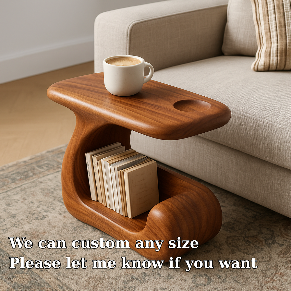 Solid Wood Sofa Armrest Table with Cup Holder and Magazine Storage Side Table