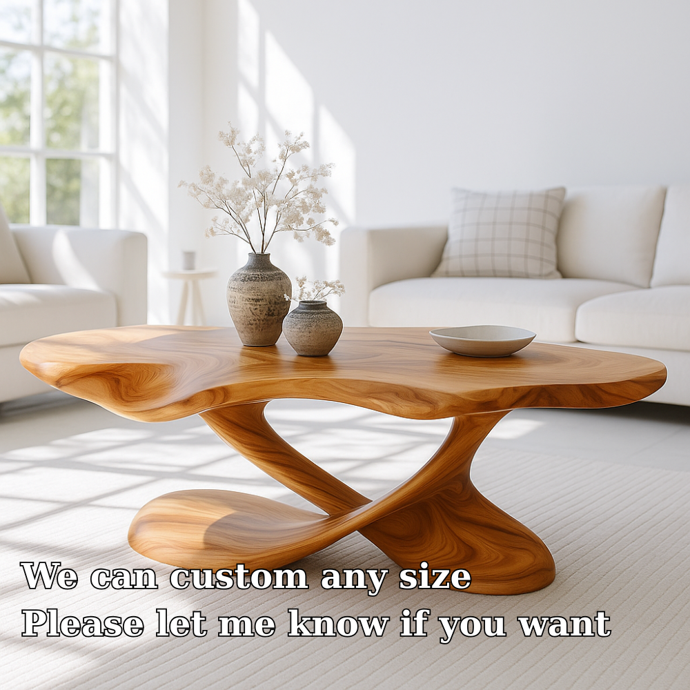Modern Solid Wood Coffee Table with Sculptural Curved Base for Living Room