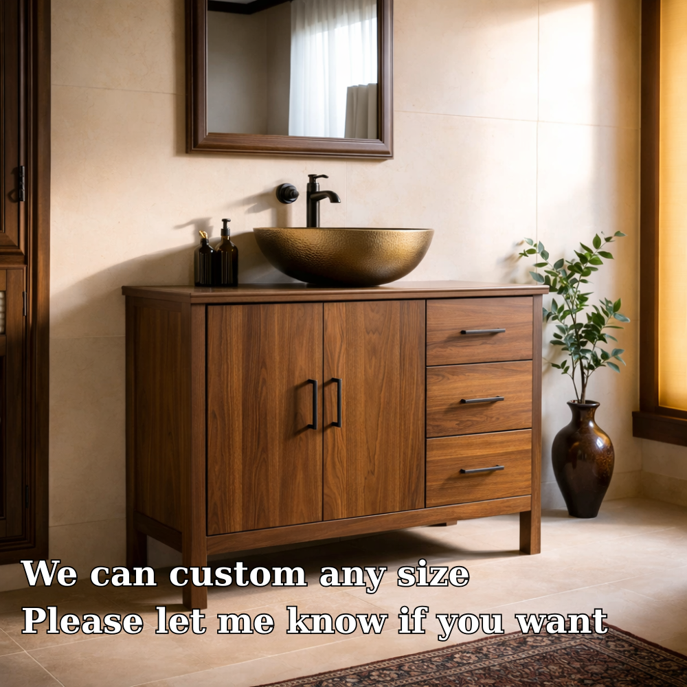 Solid Wood Bathroom Vanity with 3 Drawers and Double Door Cabinet for Storage