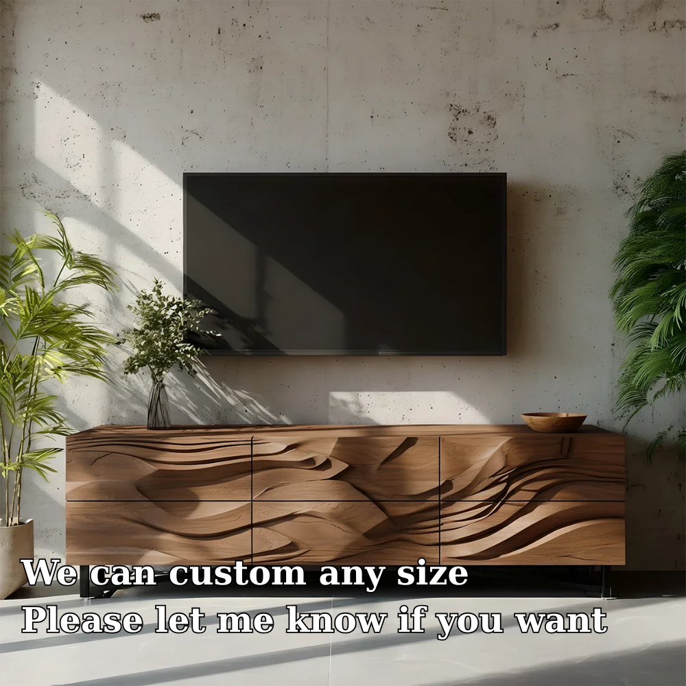Solid Wood TV Stand Modern Walnut Media Console with Sculpted Wave Doors