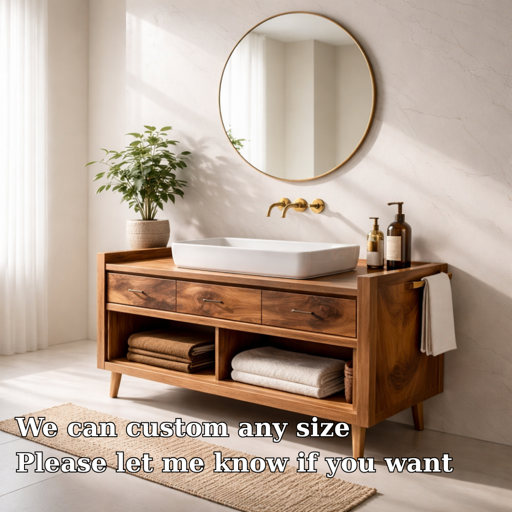 Solid Wood Bathroom Vanity Cabinet with Drawers – Modern Rustic Vanity (No Sink)
