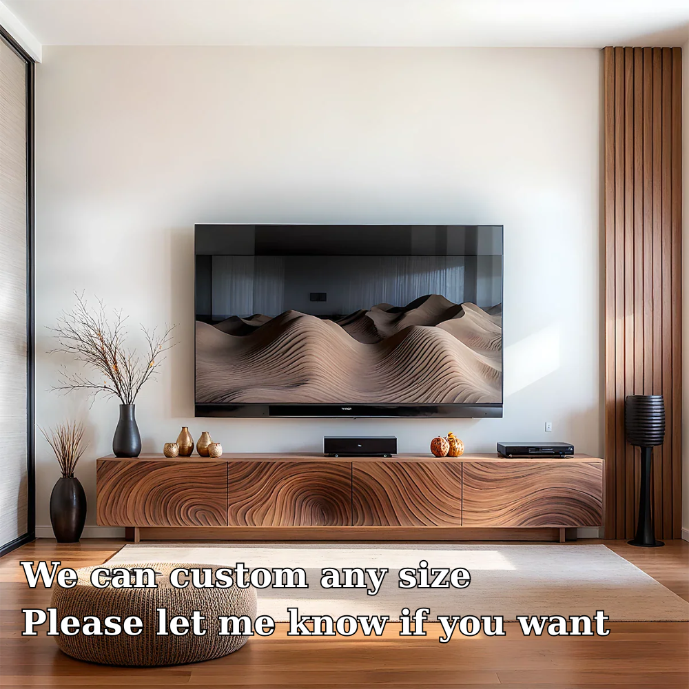 Solid Wood TV Stand Modern Walnut Media Console with Sculpted Wave Storage Cabinet