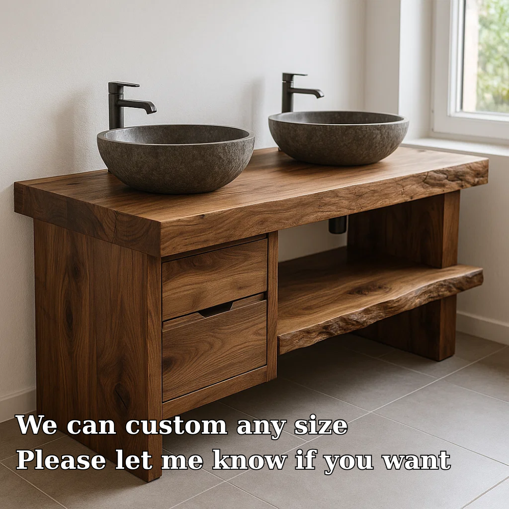 Solid Wood Double Sink Bathroom Vanity with Drawers and Open Shelf Rustic Style