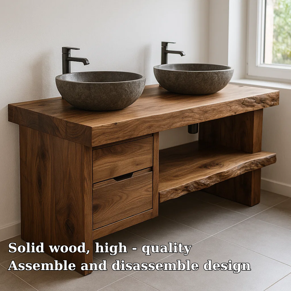Solid Wood Double Sink Bathroom Vanity with Drawers and Open Shelf Rustic Style