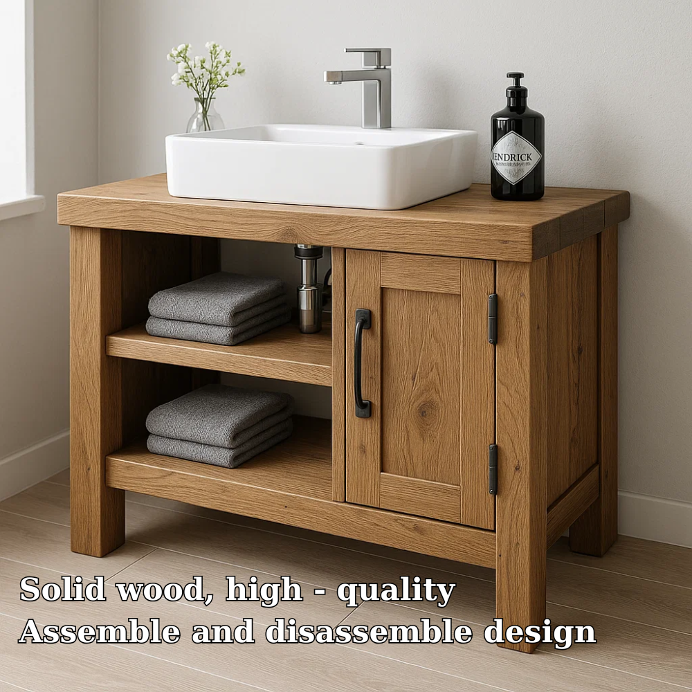 Solid Wood Bathroom Vanity Cabinet – Modern Oak Bathroom Vanity with Shelf Storage