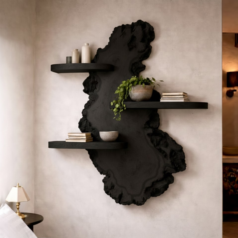 Handcrafted Solid Wood Live Edge Wall Shelf - Artistic Floating Tree Design for Home & Kitchen