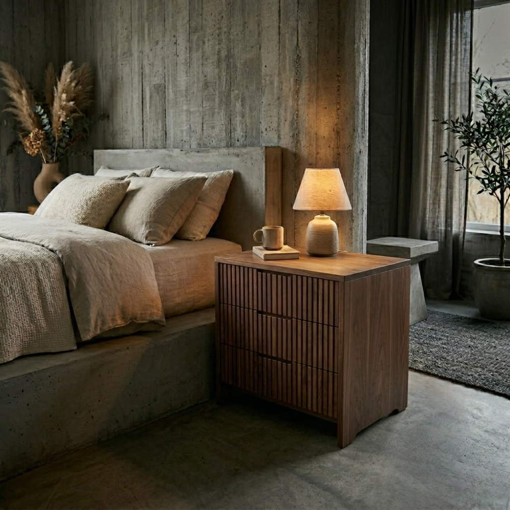 Solid Wood Nightstand with 3 Drawers – Modern Slatted Bedside Table Storage
