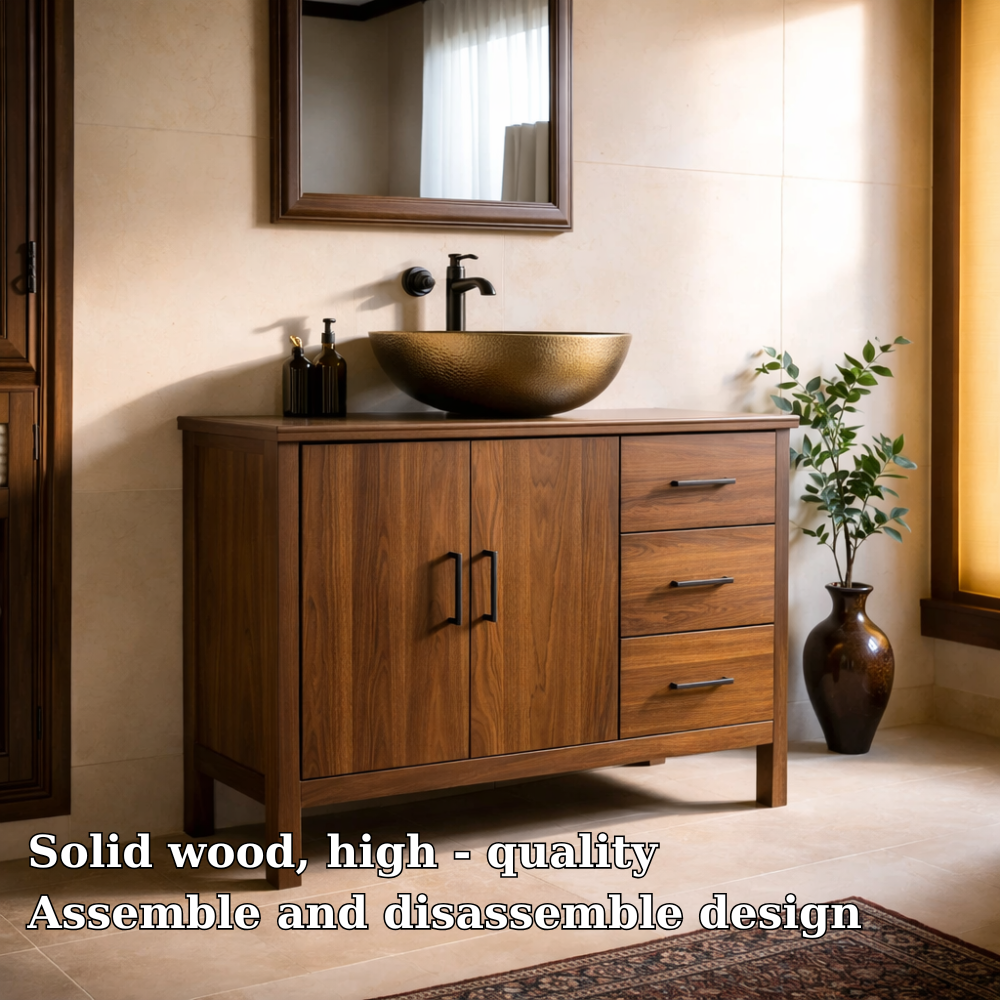 Solid Wood Bathroom Vanity with 3 Drawers and Double Door Cabinet for Storage